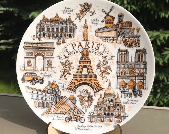 Paris plate. Bronze style hanging wall porcelain plate 20cm decorative souvenir with wooden stand landmarks Paris