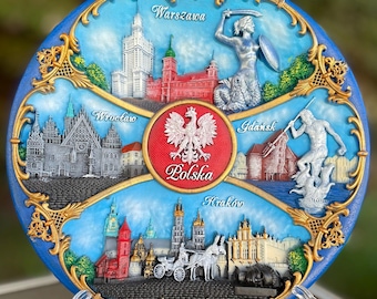 Polish Heritage Wall Plate - Hand-Painted Warsaw Krakow Gdansk Wroclaw Landmarks | 3D Relief Decor | White Eagle Emblem Gift 20cm/7.87"