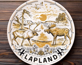 Lapland plate. Gold style hanging wall porcelain plate 20cm Deer and Moose decorative souvenir with wooden stand Lapland souvenir Finland