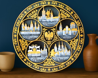 Graphite 20cm Hand-Painted Poland Souvenir Plate | Elegant Gold & White Wall Art – Krakow, Warsaw, Gdansk, Poznan, Wroclaw Gift