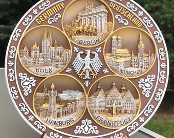 Germany plate. Hand painted hanging 3D polyceramic decorative souvenir wall plate Germany (Deutschland) landmarks 20 cm limited edition