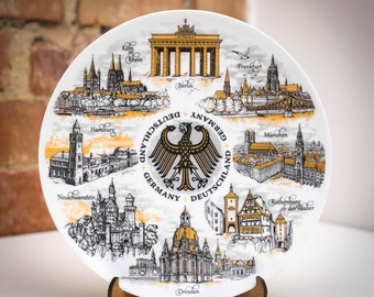 Germany plate. Gold-silver style hanging wall porcelain plate 20cm decorative souvenir with wooden stand landmarks Deutschland Wandplatte