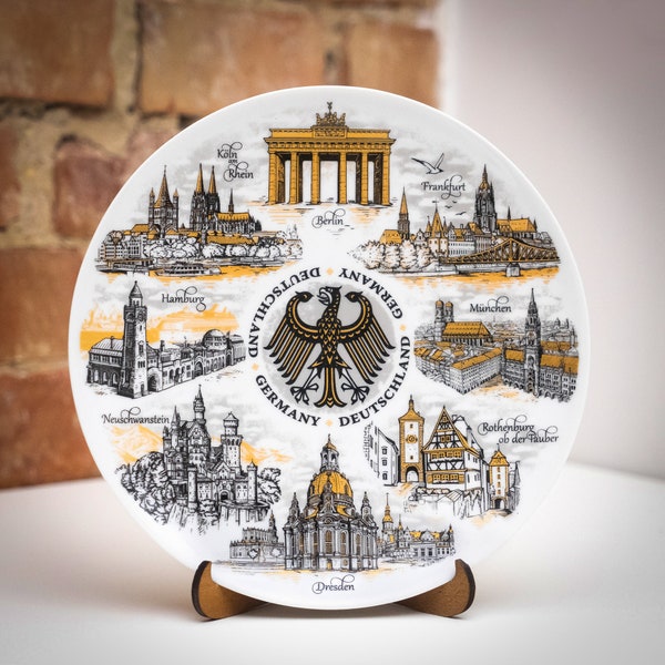 Germany plate. Gold-silver style hanging wall porcelain plate 20cm decorative souvenir with wooden stand landmarks Deutschland Wandplatte