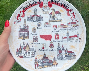 Gold Style Hanging Poland Souvenir Plate | 20cm Ceramic Plate with Polska Landmarks