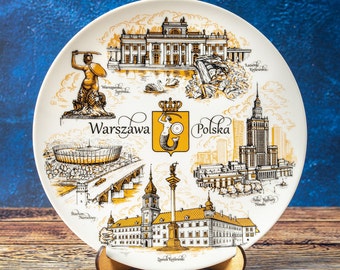 Warsaw plate. Gold style hanging wall porcelain plate 20cm decorative souvenir with wooden stand Warsaw Warszawa Poland Polska landmarks