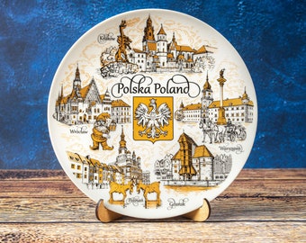 Poland plate. Gold style hanging wall porcelain plate 240mm decorative souvenir with wooden stand Polska Poland landmarks