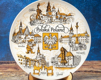 Poland plate 20 cm/7.87". Gold style hanging wall porcelain plate decorative souvenir with wooden stand Poland landmarks. Pamiątka z Polski