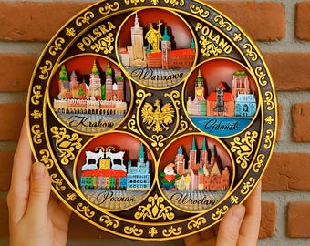 Burgundy 20cm Poland Souvenir Plate | Hand-Painted Wall Art with Warsaw, Krakow, Gdansk, Poznan, Wroclaw | Elegant Travel Gift