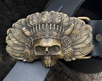 Men’s Leather Belt with Apache Skull Brass Buckle – Handmade Black Full-Grain Belt, Tribal Western Style Gift for Him, 120 cm / 47 in
