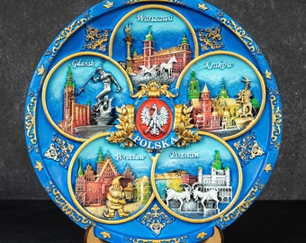 Poland plate. Hand painted hanging 3D polyceramic decorative souvenir wall plate Poland (Polska) landmarks 20 cm limited edition