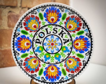 Poland pattern plate. Hanging wall porcelain plate 20cm decorative souvenir with wooden stand landmarks Polska Lowicz pattern