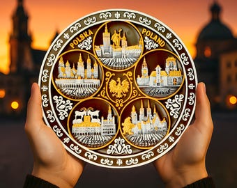 Royal Brown 20cm Poland Souvenir Plate | Hand-Painted Wall Art – Krakow, Warsaw, Gdansk, Poznan, Wroclaw | Elegant Polish Decor Gift