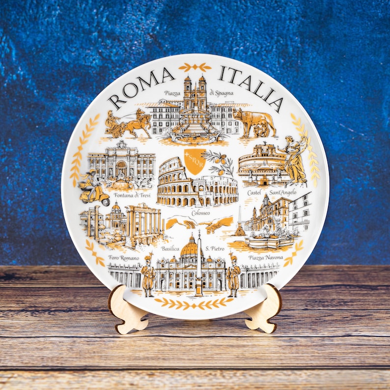 Rome Italy Plate. Gold Style Hanging Wall Porcelain Plate 20cm
