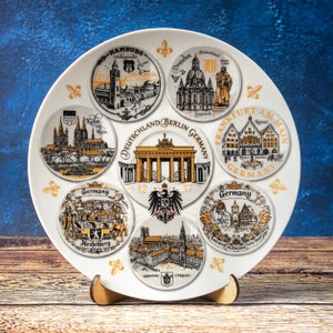 Germany plate. Gold style hanging wall porcelain plate 20cm decorative souvenir with wooden stand landmarks Deutschland Wandplatte