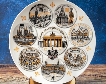 Germany plate. Gold style hanging wall porcelain plate 20cm decorative souvenir with wooden stand landmarks Deutschland Wandplatte