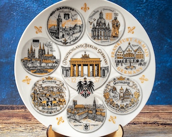 Germany plate. Gold style hanging wall porcelain plate 20cm decorative souvenir with wooden stand landmarks Deutschland Wandplatte