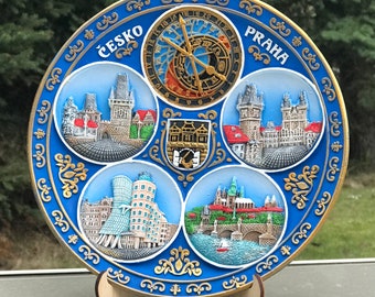 Prague plate. Hand painted hanging 3D polyceramic decorative souvenir wall plate Praha Czech landmarks 20 cm limited edition