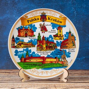 Krakow plate. Color style hanging wall porcelain plate 20cm decorative souvenir with wooden stand Cracow Poland Polska landmarks