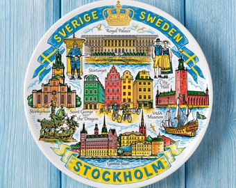 Colorful Stockholm Souvenir Plate 20cm - Swedish Landmarks Ceramic Wall Decor