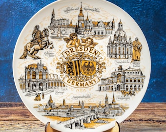 Dresden plate. Baroque gold style hanging wall porcelain plate 20cm decorative souvenir with wooden stand Dresden Germany landmarks