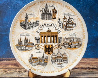 Germany plate. Gold style hanging wall porcelain plate 20cm decorative souvenir with wooden stand landmarks Deutschland Wandplatte