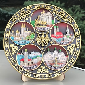 Germany plate. Hand painted hanging 3D polyceramic decorative souvenir wall plate Germany (Deutschland) landmarks 20 cm limited edition