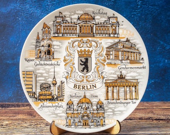 Berlin plate. Gold-silver style hanging wall porcelain plate 20cm decorative souvenir with wooden stand Berlin Germany Deutschland