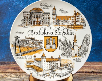 Bratislava plate. Gold-black style hanging wall porcelain plate 20cm decorative souvenir with wooden stand landmarks Bratislava Slovakia