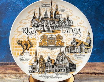 Riga plate. Gold style hanging wall porcelain plate 20cm decorative souvenir with wooden stand Riga Latvia landmarks