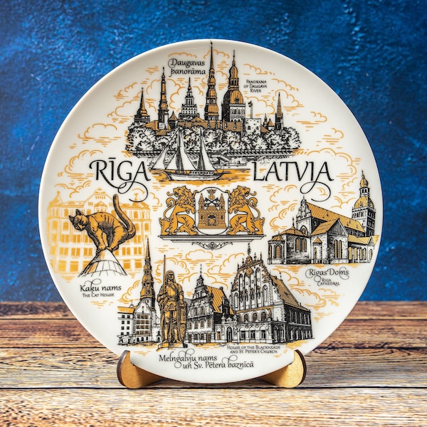 Riga plate. Gold style hanging wall porcelain plate 20cm decorative souvenir with wooden stand Riga Latvia landmarks