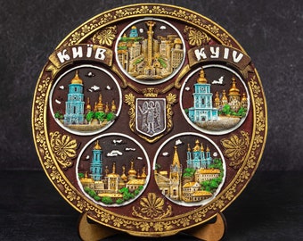 Kyiv (Kiev). Hand painted hanging 3D polyceramic decorative souvenir wall plate Kyiv (Ukraine) landmarks 20 cm limited edition