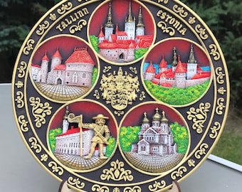 Tallinn plate. Hand painted hanging 3D polyceramic decorative souvenir wall plate Tallinn (Estonia) landmarks 20 cm limited edition