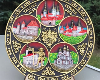 Tallinn Souvenir Plate - Hand-Painted 3D Polyceramic Decorative Wall Plate - Collectible Home Decor Gift for Travelers