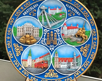 Bratislava. Hand painted hanging 3D polyceramic decorative souvenir wall plate Bratislava (Slovakia) landmarks 20 cm limited edition