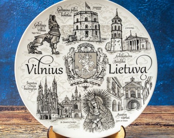 Vilnius plate. Silver style hanging wall porcelain plate 20cm decorative souvenir with wooden stand Vilnius Lithuania Lietuva landmarks