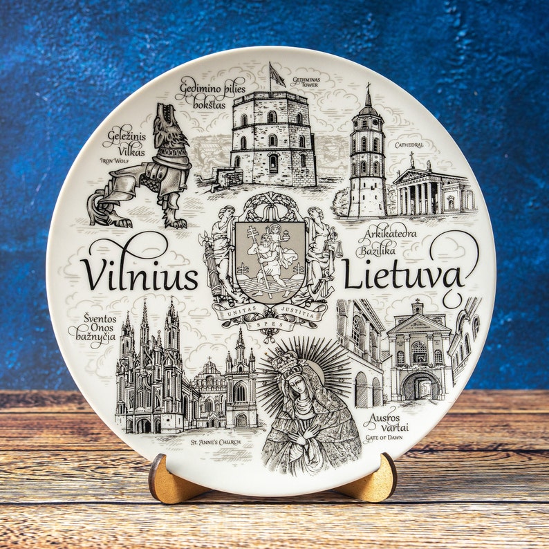 Vilnius plate. Silver style hanging wall porcelain plate 20cm decorative souvenir with wooden stand Vilnius Lithuania Lietuva landmarks image 1