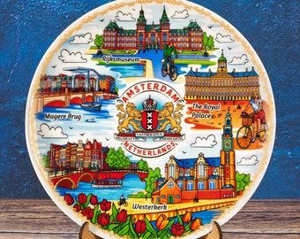 Amsterdam Decorative Ceramic Plate: Colorful Wall Hanging Souvenir with Landmarks - 20cm