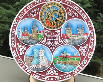 Prague plate. Hand painted hanging 3D polyceramic decorative souvenir wall plate Prague (Praha, Czech) landmarks 20 cm limited edition