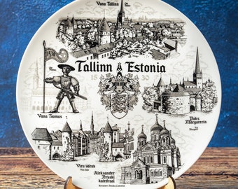 Tallinn Decorative Ceramic Plate: Silver-Black Wall Decor Souvenir with Landmarks