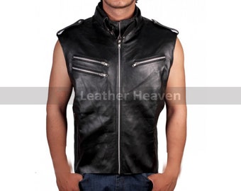 Vintage black leather vest MOTO Biker vest SIMCO Motorcycle Sleeveless Tank Vest Men's Size 42
