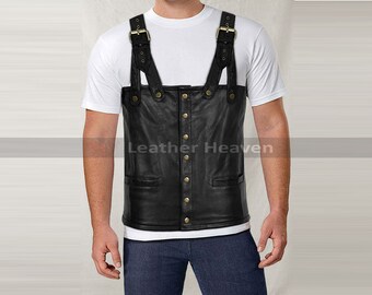 Men Handmade Black Sheep Leather Vest Custom Made Tupac Suspender Leather Vest Handcrafted Taylor made Custom Vest