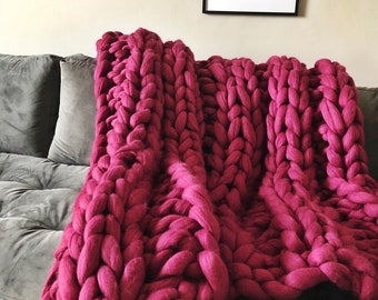 Merino wool throw, chunky and fluffy arm knit 100% wool blanket, merino wool handmade quilt, gift for baby, Christmas gift for wife