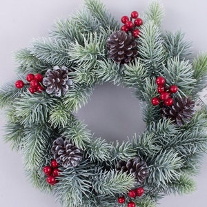 Silver pine wreath with red berries, christmas pinecone wreath, winter wreath, candle wreath, christmas greenery, frosted wreath