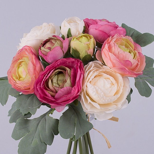 Ranunculus bouquet 9 stems, Pink Open Ranunculus, Silk Bridal Bouquet, faux small flowers, Rustic Boho Floral Arrangement