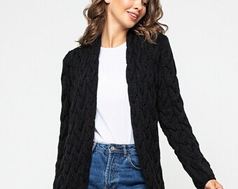Black cardigan | Black jacket | Short knitted cardigan | Wool cardigan | Black sweater | Home knitted wear | Office outfit