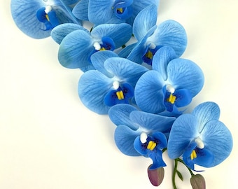 Niebieska orchidea 9 głowic, jasny niebieski łodyga orchidei, sztuczne storczyki, lateksowa gałąź orchidei, turkusowa orchidea