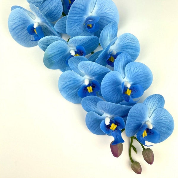 Orchidée bleue 9 têtes, tige d'orchidée bleu vif, orchidées artificielles, branche d'orchidée en latex, orchidée Turquoise