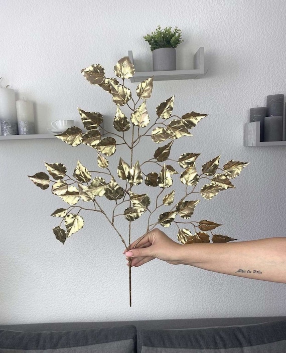 Decorative gold stem 23, Artificial gold leaves, Long artificial gold  branch Vase filler, Faux foliage, Fake greenery, Gold stems