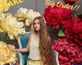 May include: A young woman with long brown hair sits in a blue chair surrounded by large, colorful paper flowers. The text "FAST MAKE" is in the upper left corner of the image and the text "-10% Discount Big Order!!" is in the upper right corner of the image. The text "UPS FedEx DHL" is in the lower left corner of the image.