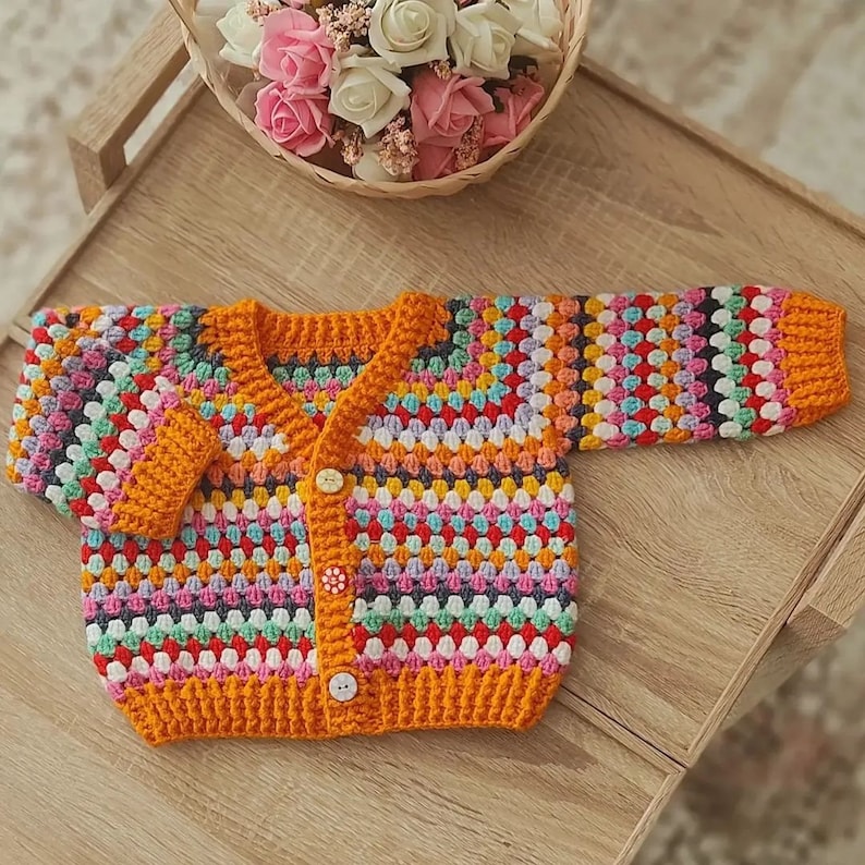 Made to order, Hand knitted baby cardigan, knit baby sweater, rainbow baby cardigan, newborn cardigan, abstract baby cardigan, baby sweater image 1
